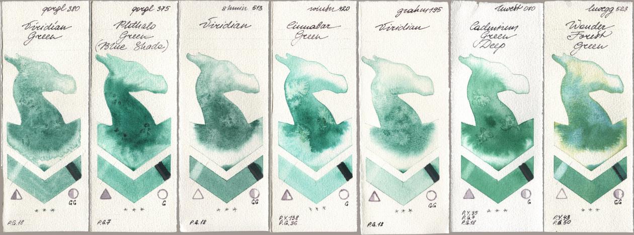 Golden QOR 380 Viridian Green, 375 Phthalo Green (Blue Shade), Shminke Horadam Aquarell 513 Viridian, Winsor & Newton Professional 420 Cinnabar Green, M. Graham & Co. Artists 195 Viridian, Holbein Artists Watercolor 070 Cadmium Green Deep, 523 Wonder Forest Gre watercolor swatch