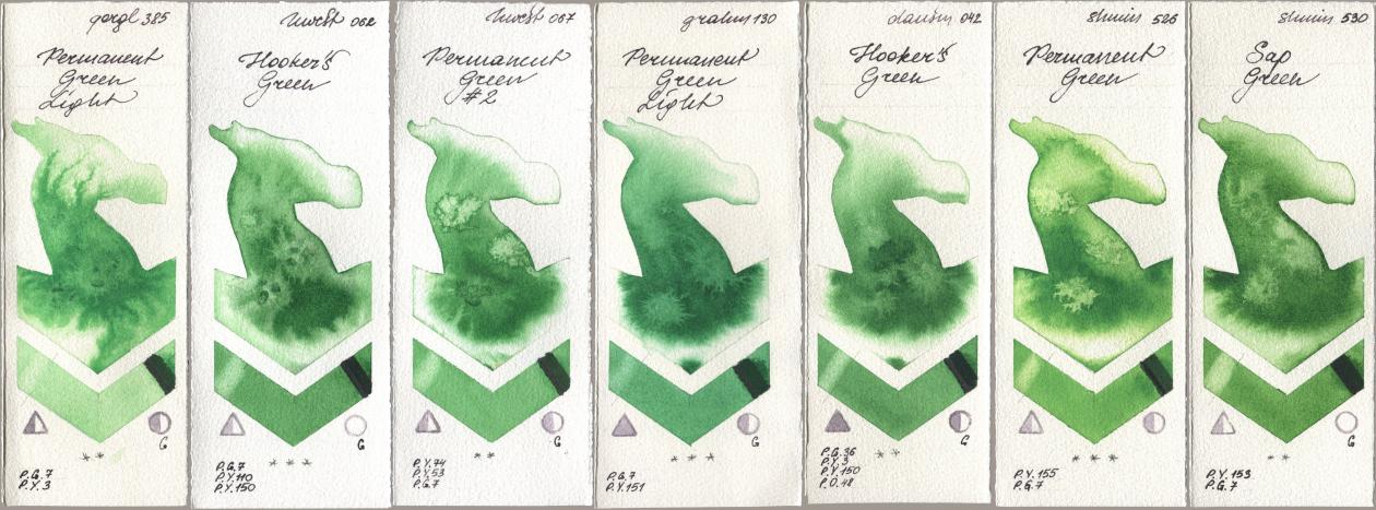Golden QOR 385 Permanent Green Light, Holbein Artists Watercolor 062 Hookers Green, 067 Permanent Green No 2, M. Graham & Co. Artists 130 Permanent Green Light, Daniel Smith 042 Hookers Green, Shminke Horadam Aquarell 526 Permanent Green, 530 Sap Gre watercolor swatch