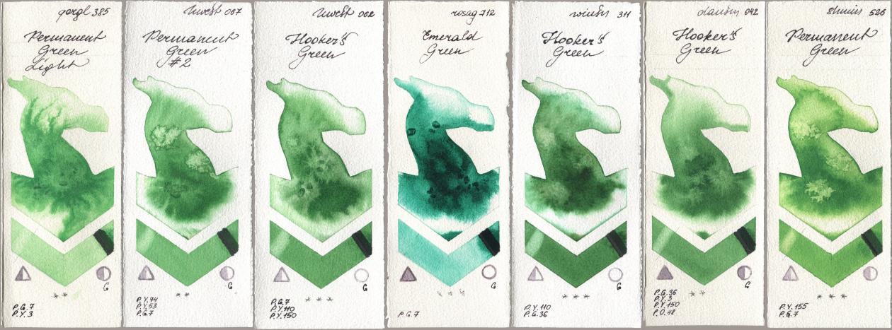 Golden QOR 385 Permanent Green Light, Holbein Artists Watercolor 067 Permanent Green No 2, 062 Hookers Green, Rosa Gallery 712 Emerald Green, Winsor & Newton Professional 311 Hookers Green, Daniel Smith 042 Hookers Green, Shminke Horadam Aquarell 526 Permanent Gre watercolor swatch