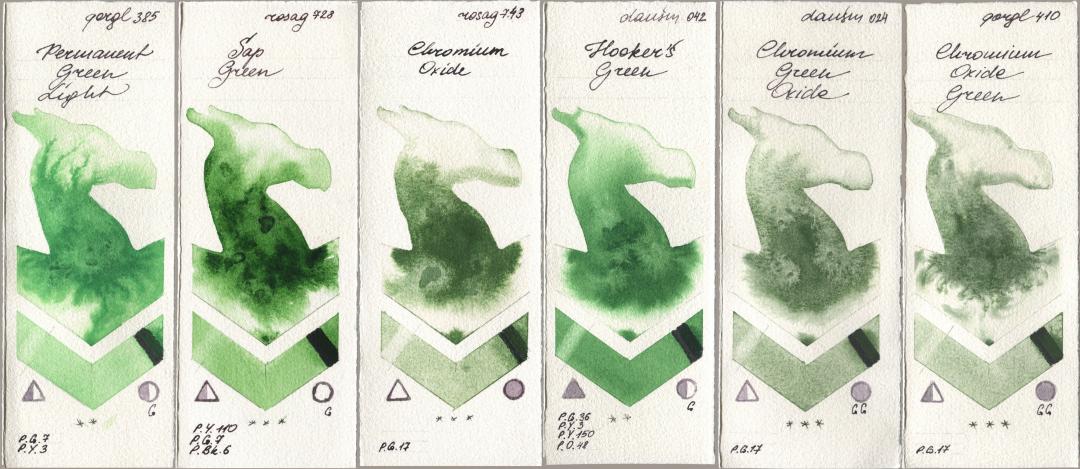 Golden QOR 385 Permanent Green Light, Rosa Gallery 728 Sap Green, 743 Chromium Oxide, Daniel Smith 042 Hookers Green, 024 Chromium Green Oxide, 410 Chromium Oxide Gre watercolor swatch