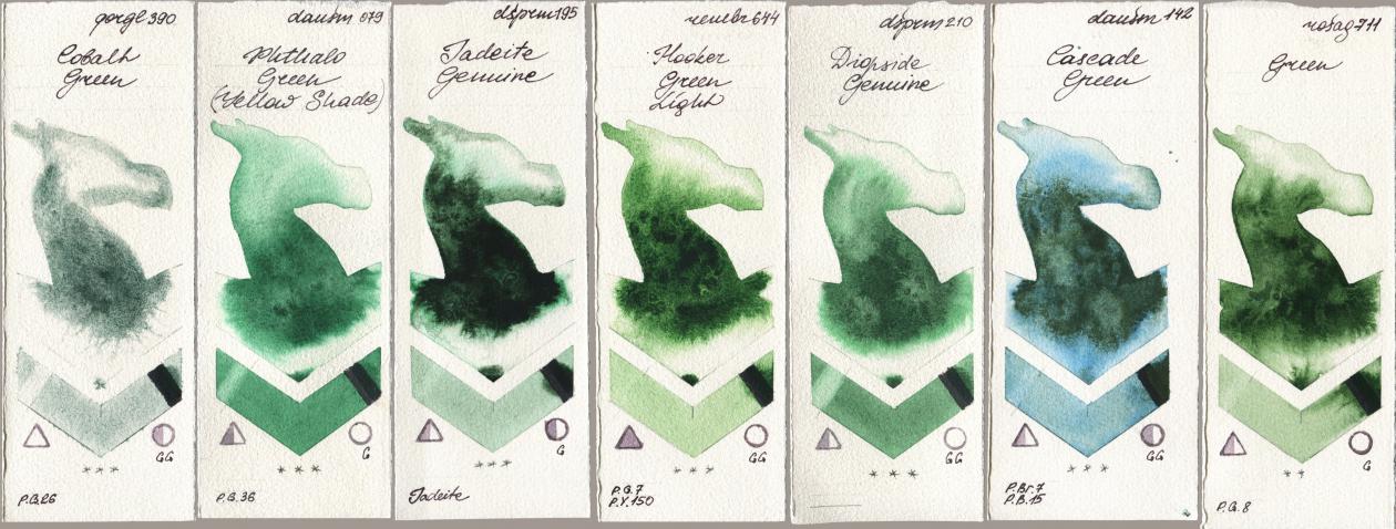 Golden QOR 390 Cobalt Green, Daniel Smith 079 Phthalo Green (Yellow Shade), 195 Jadeite Genuine, Royal Talens Rembrandt Watercolour 644 Hooker Green Light, 210 Diopside Genuine, 142 Cascade Green, Rosa Gallery 711 Gre watercolor swatch