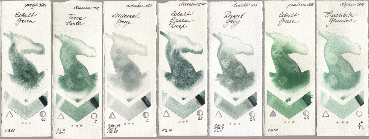 Golden QOR 390 Cobalt Green, Daniel Smith 104 Terre Verte, Winsor & Newton Professional 427 Mineral Grey, 258 Cobalt Green Deep, Holbein Artists Watercolor 155 Davys Grey, M. Graham & Co. Artists 095 Cobalt Green, 169 Fuchsite Genui watercolor swatch