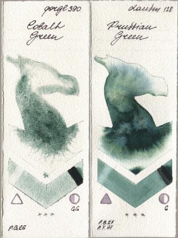 Golden QOR 390 Cobalt Green, Daniel Smith 128 Prussian Gre watercolor swatch