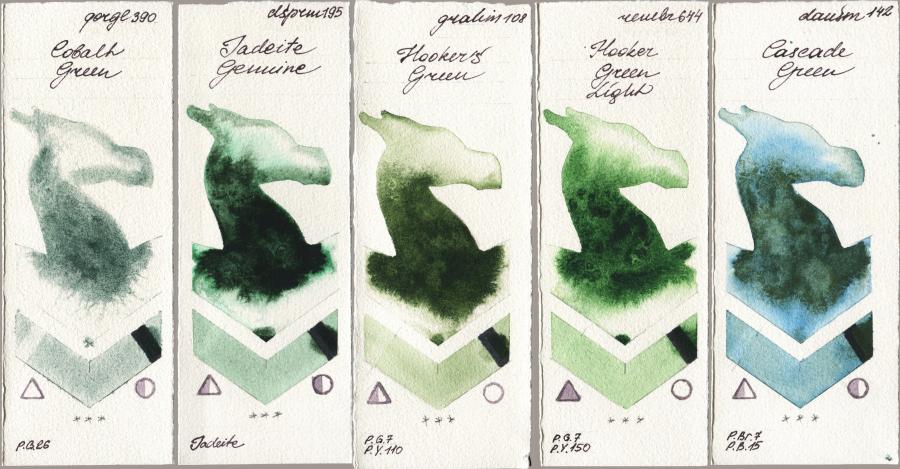 Golden QOR 390 Cobalt Green vs Daniel Smith 195 Jadeite Genuine vs M. Graham & Co. Artists 108 Hookers Green vs Royal Talens Rembrandt Watercolour 644 Hooker Green Light vs 142 Cascade Green watercolor swatch