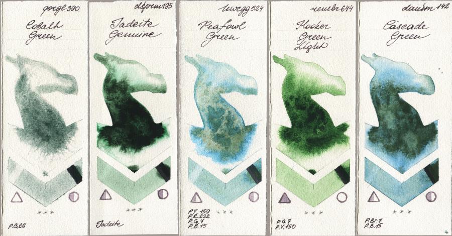 Golden QOR 390 Cobalt Green vs Daniel Smith 195 Jadeite Genuine vs Holbein Artists Watercolor 524 Peafowl Green vs Royal Talens Rembrandt Watercolour 644 Hooker Green Light vs 142 Cascade Green watercolor swatch
