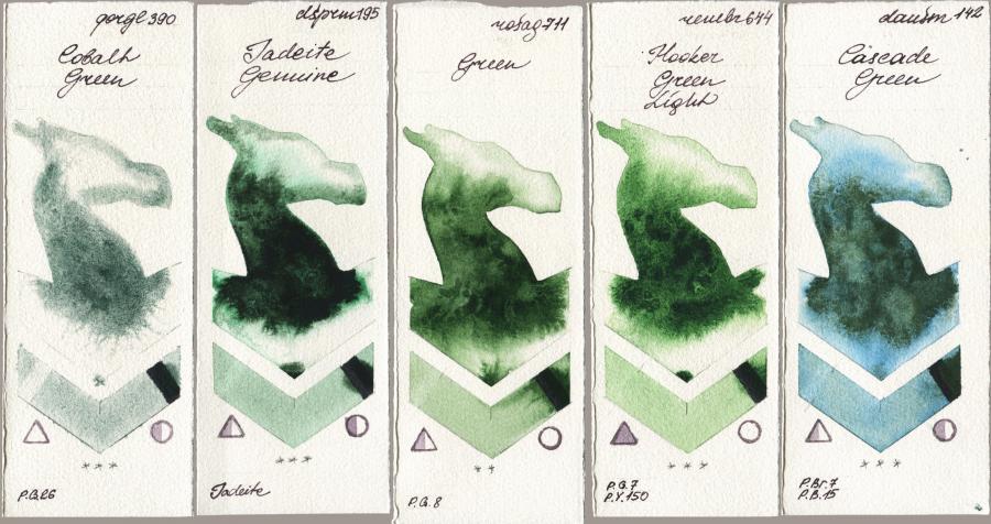 Golden QOR 390 Cobalt Green vs Daniel Smith 195 Jadeite Genuine vs Rosa Gallery 711 Green vs Royal Talens Rembrandt Watercolour 644 Hooker Green Light vs 142 Cascade Green watercolor swatch