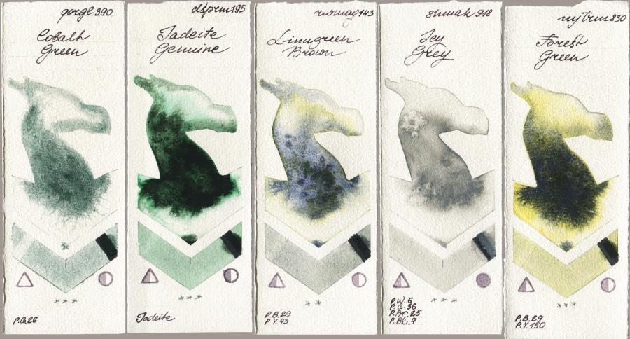 Golden QOR 390 Cobalt Green vs Daniel Smith 195 Jadeite Genuine vs Rockwell 143 Limugreen Brown vs Shminke Akademie Aquarell 918 Icy Grey vs Mijello Mission Gold 830 Forest Green watercolor swatch