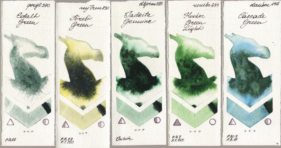 Golden QOR 390 Cobalt Green vs Mijello Mission Gold 830 Forest Green vs Daniel Smith 195 Jadeite Genuine vs Royal Talens Rembrandt Watercolour 644 Hooker Green Light vs 142 Cascade Green watercolor swatch