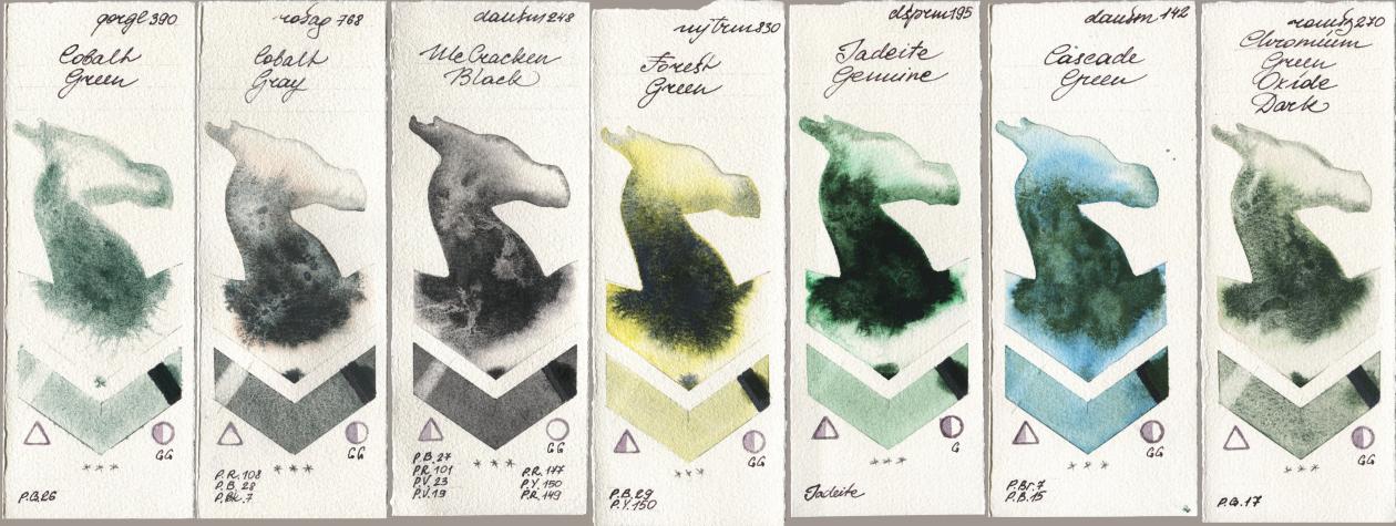 Golden QOR 390 Cobalt Green, Rosa Gallery 768 Cobalt Gray, Daniel Smith 248 McCracken Black, Mijello Mission Gold 830 Forest Green, 195 Jadeite Genuine, 142 Cascade Green, Roman Szmal Aquarius 270 Chromium Green Oxide Da watercolor swatch