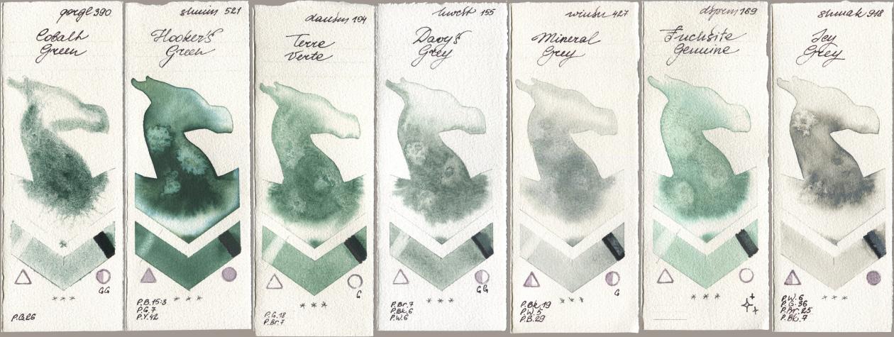 Golden QOR 390 Cobalt Green, Shminke Horadam Aquarell 521 Hookers Green, Daniel Smith 104 Terre Verte, Holbein Artists Watercolor 155 Davys Grey, Winsor & Newton Professional 427 Mineral Grey, 169 Fuchsite Genuine, Shminke Akademie Aquarell 918 Icy Gr watercolor swatch