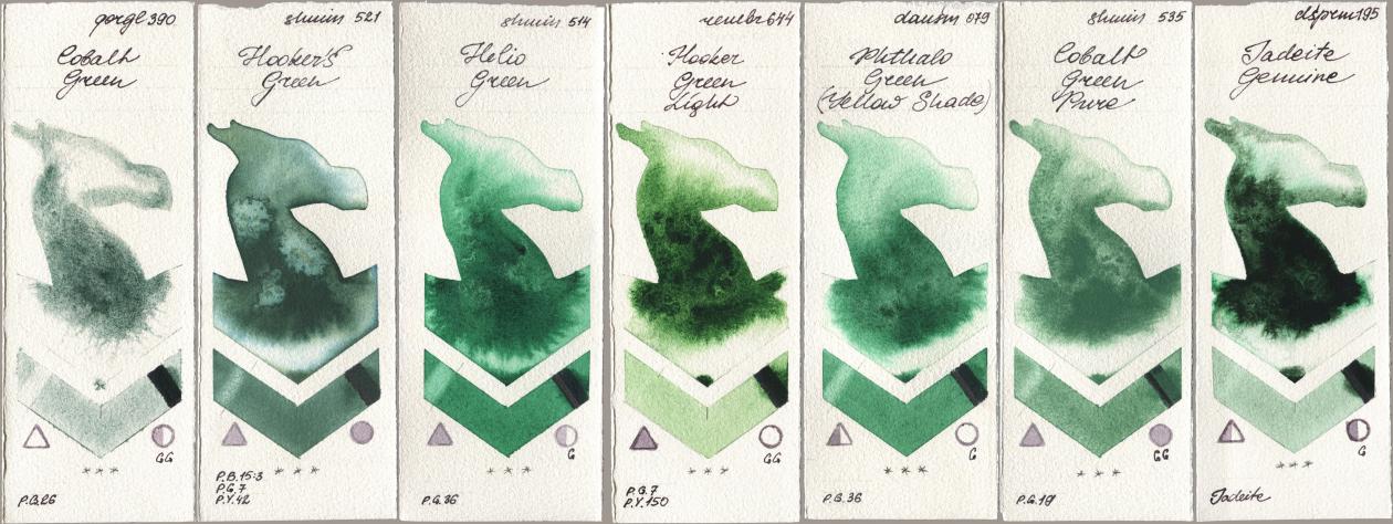 Golden QOR 390 Cobalt Green, Shminke Horadam Aquarell 521 Hookers Green, 514 Helio Green, Royal Talens Rembrandt Watercolour 644 Hooker Green Light, Daniel Smith 079 Phthalo Green (Yellow Shade), 535 Cobalt Green Pure, 195 Jadeite Genui watercolor swatch