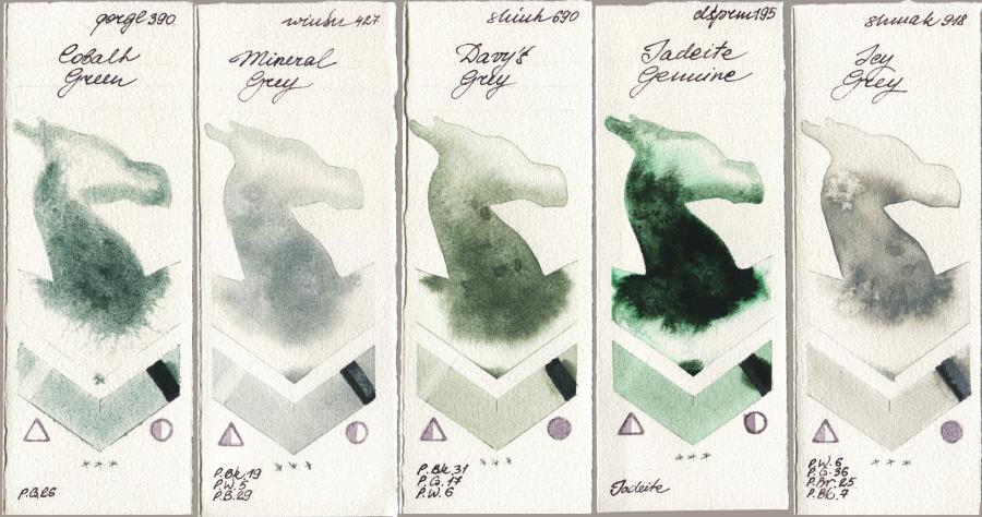 Golden QOR 390 Cobalt Green vs Winsor & Newton Professional 427 Mineral Grey vs Shinhan PWC 690 Davys Grey vs Daniel Smith 195 Jadeite Genuine vs Shminke Akademie Aquarell 918 Icy Grey watercolor swatch