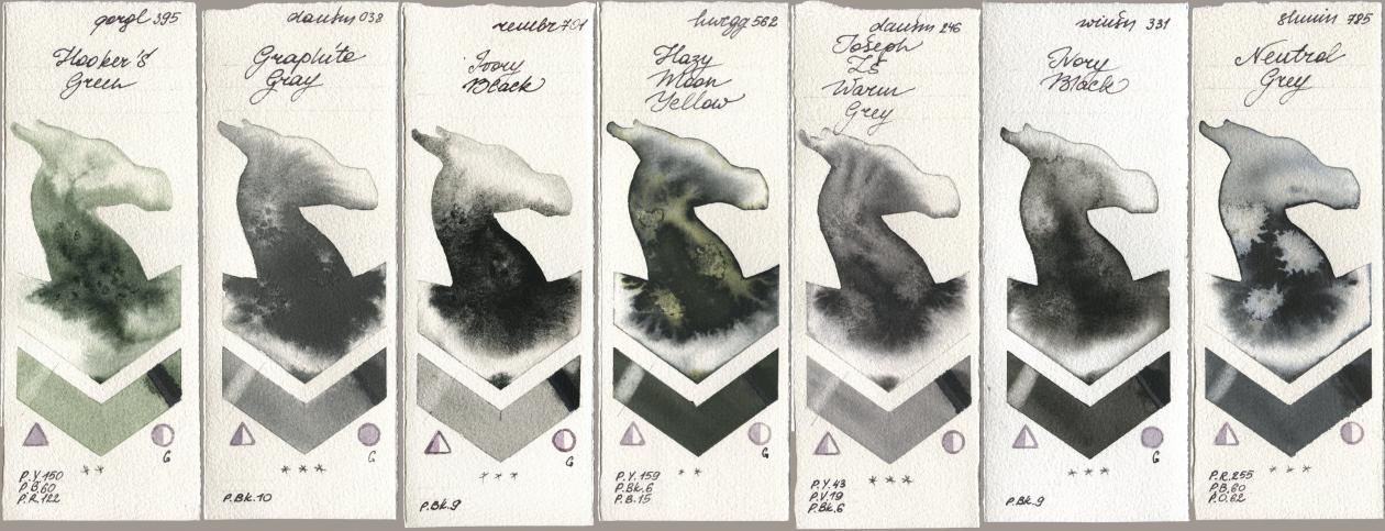 Golden QOR 395 Hookers Green, Daniel Smith 038 Graphite Gray, Royal Talens Rembrandt Watercolour 701 Ivory Black, Holbein Artists Watercolor 562 Hazy Moon Yellow, 246 Joseph Zs Warm Grey, Winsor & Newton Professional 331 Ivory Black, Shminke Horadam Aquarell 785 Neutral Gr watercolor swatch