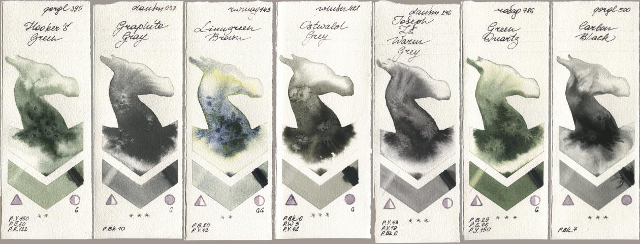 Golden QOR 395 Hookers Green, Daniel Smith 038 Graphite Gray, Rockwell 143 Limugreen Brown, Winsor & Newton Professional 428 Ostwald Grey, 246 Joseph Zs Warm Grey, Rosa Gallery 786 Green Quartz, 500 Carbon Bla watercolor swatch