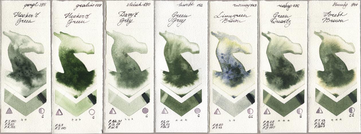 Golden QOR 395 Hookers Green, M. Graham & Co. Artists 108 Hookers Green, Shinhan PWC 690 Davys Grey, Holbein Artists Watercolor 152 Green Grey, Rockwell 143 Limugreen Brown, Rosa Gallery 786 Green Quartz, Shminke Horadam Aquarell 944 Forest Bro watercolor swatch