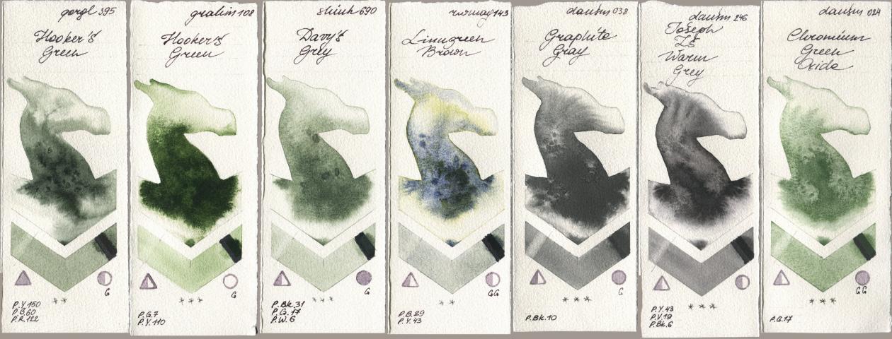 Golden QOR 395 Hookers Green, M. Graham & Co. Artists 108 Hookers Green, Shinhan PWC 690 Davys Grey, Rockwell 143 Limugreen Brown, Daniel Smith 038 Graphite Gray, 246 Joseph Zs Warm Grey, 024 Chromium Green Oxi watercolor swatch