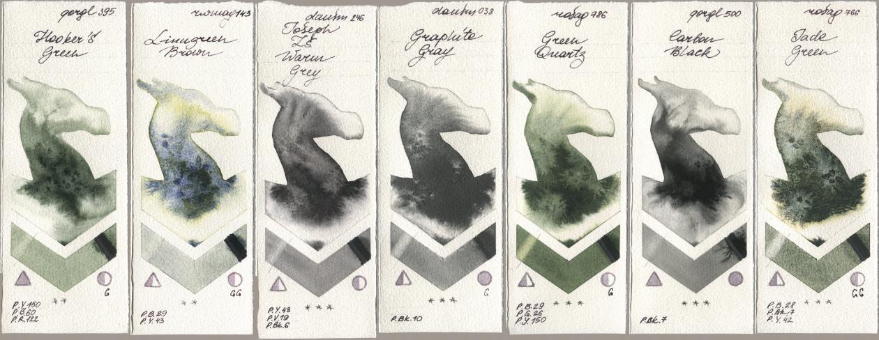 Golden QOR 395 Hookers Green, Rockwell 143 Limugreen Brown, Daniel Smith 246 Joseph Zs Warm Grey, 038 Graphite Gray, Rosa Gallery 786 Green Quartz, 500 Carbon Black, 766 Jade Gre watercolor swatch