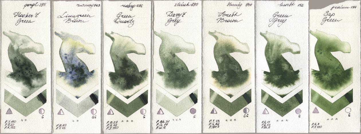 Golden QOR 395 Hookers Green, Rockwell 143 Limugreen Brown, Rosa Gallery 786 Green Quartz, Shinhan PWC 690 Davys Grey, Shminke Horadam Aquarell 944 Forest Brown, Holbein Artists Watercolor 152 Green Grey, M. Graham & Co. Artists 174 Sap Gre watercolor swatch
