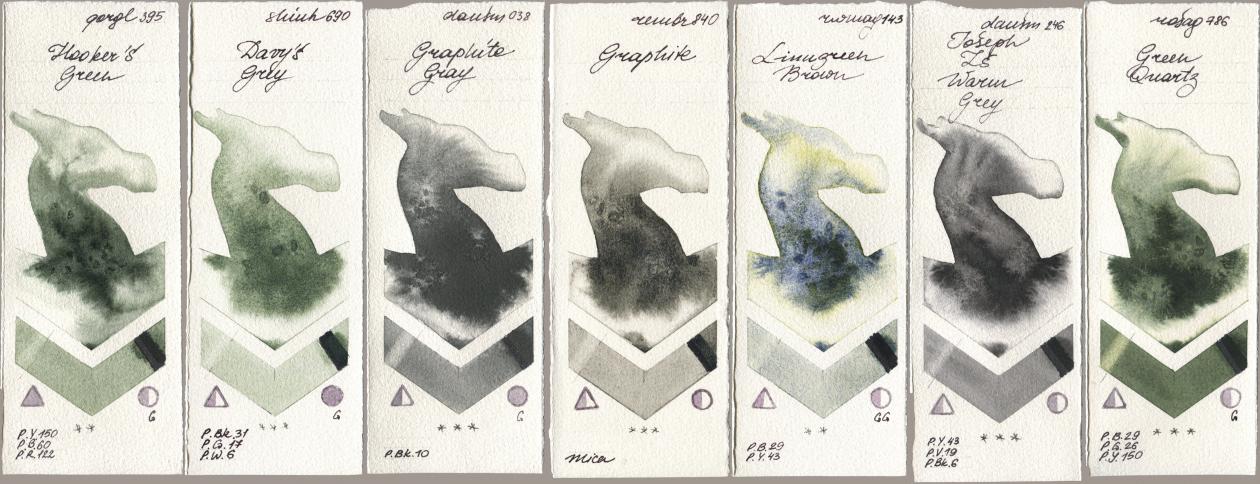 Golden QOR 395 Hookers Green, Shinhan PWC 690 Davys Grey, Daniel Smith 038 Graphite Gray, Royal Talens Rembrandt Watercolour 840 Graphite, Rockwell 143 Limugreen Brown, 246 Joseph Zs Warm Grey, Rosa Gallery 786 Green Quar watercolor swatch