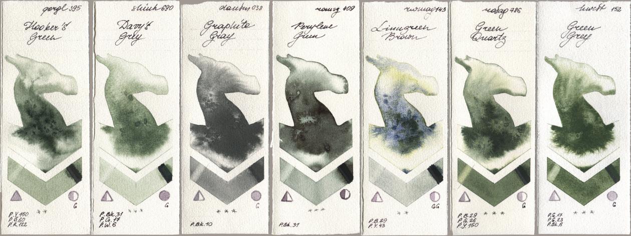 Golden QOR 395 Hookers Green, Shinhan PWC 690 Davys Grey, Daniel Smith 038 Graphite Gray, Roman Szmal Aquarius 409 Perylene Green, Rockwell 143 Limugreen Brown, Rosa Gallery 786 Green Quartz, Holbein Artists Watercolor 152 Green Gr watercolor swatch