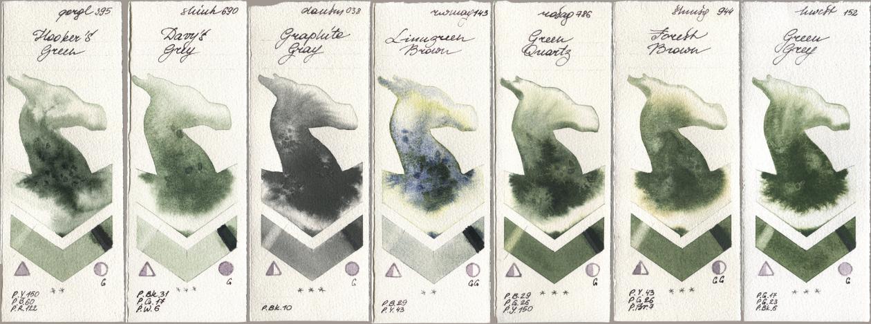 Golden QOR 395 Hookers Green, Shinhan PWC 690 Davys Grey, Daniel Smith 038 Graphite Gray, Rockwell 143 Limugreen Brown, Rosa Gallery 786 Green Quartz, Shminke Horadam Aquarell 944 Forest Brown, Holbein Artists Watercolor 152 Green Gr watercolor swatch