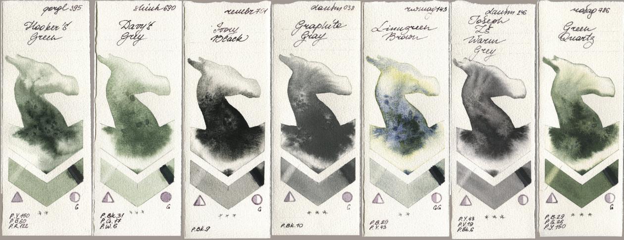 Golden QOR 395 Hookers Green, Shinhan PWC 690 Davys Grey, Royal Talens Rembrandt Watercolour 701 Ivory Black, Daniel Smith 038 Graphite Gray, Rockwell 143 Limugreen Brown, 246 Joseph Zs Warm Grey, Rosa Gallery 786 Green Quar watercolor swatch