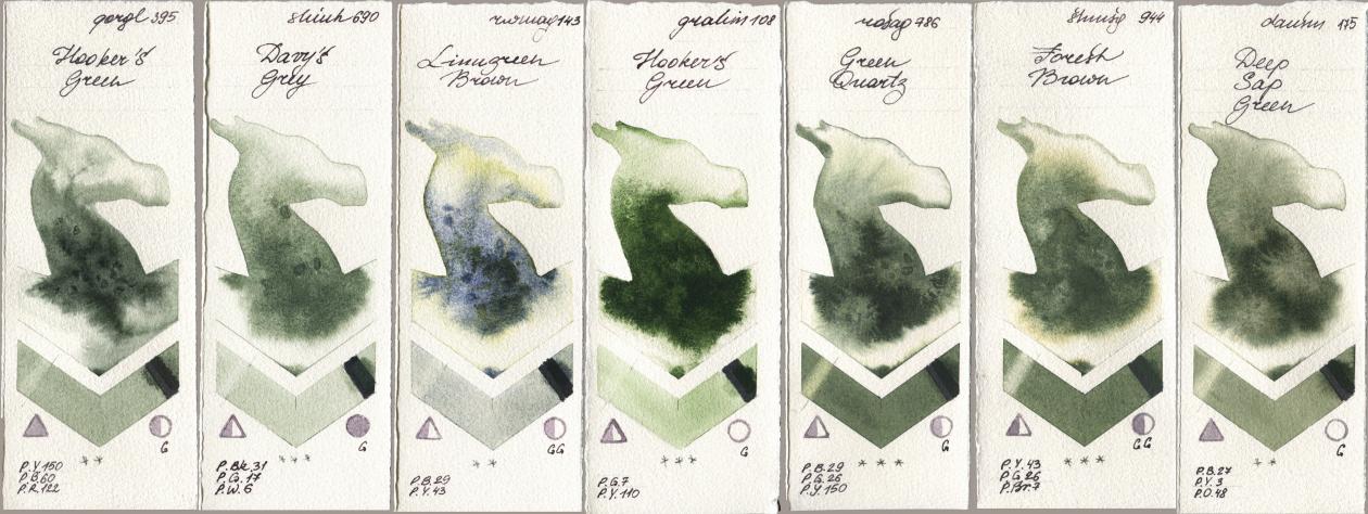 Golden QOR 395 Hookers Green, Shinhan PWC 690 Davys Grey, Rockwell 143 Limugreen Brown, M. Graham & Co. Artists 108 Hookers Green, Rosa Gallery 786 Green Quartz, Shminke Horadam Aquarell 944 Forest Brown, Daniel Smith 175 Deep Sap Gre watercolor swatch