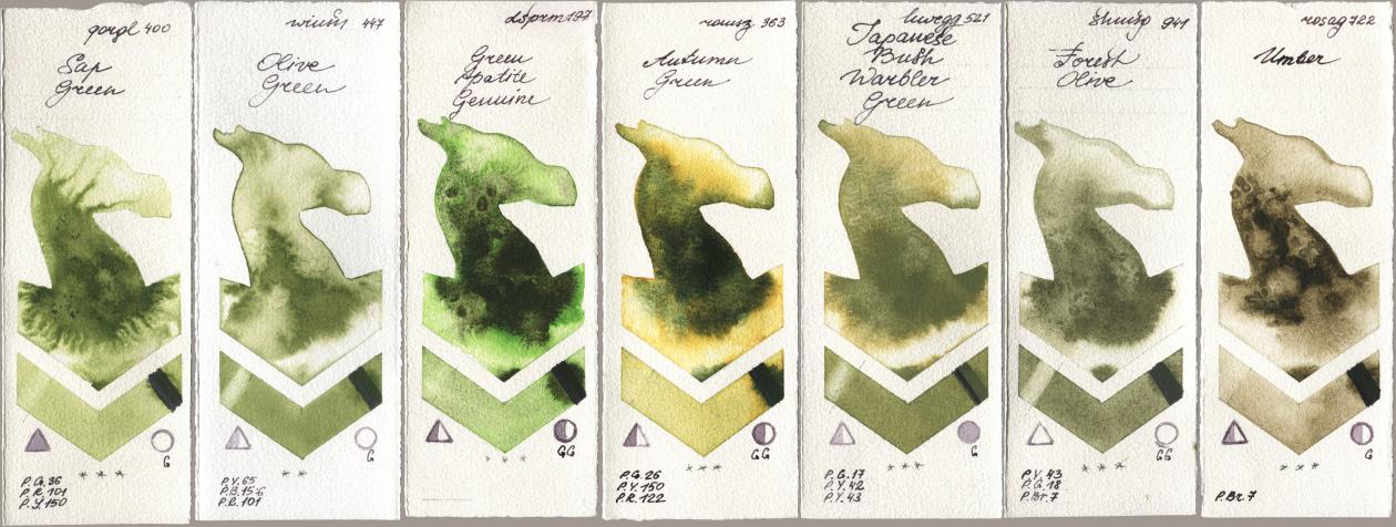Golden QOR 400 Sap Green, Winsor & Newton Professional 447 Olive Green, Daniel Smith 197 Green Apatite Genuine, Roman Szmal Aquarius 363 Autumn Green, Holbein Artists Watercolor 521 Japanese Bush Warbler Green, Shminke Horadam Aquarell 941 Forest Olive, Rosa Gallery 722 Umb watercolor swatch