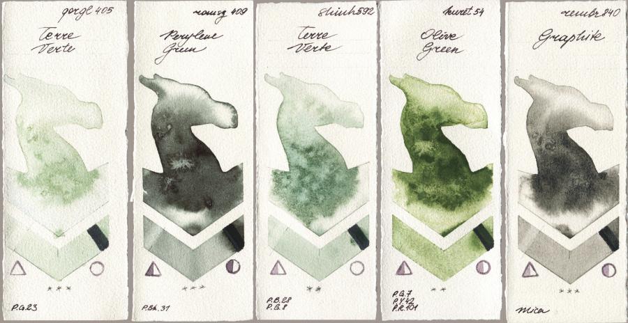 Golden QOR 405 Terre Verte vs Roman Szmal Aquarius 409 Perylene Green vs Shinhan PWC 592 Terre Verte vs Kuretake Gansai Tambi 054 Olive Green vs Royal Talens Rembrandt Watercolour 840 Graphite watercolor swatch
