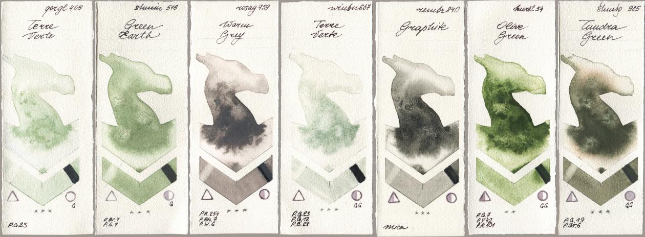 Golden QOR 405 Terre Verte, Shminke Horadam Aquarell 516 Green Earth, Rosa Gallery 759 Warm Grey, Winsor & Newton Professional 637 Terre Verte, Royal Talens Rembrandt Watercolour 840 Graphite, Kuretake Gansai Tambi 054 Olive Green, 985 Tundra Gre watercolor swatch