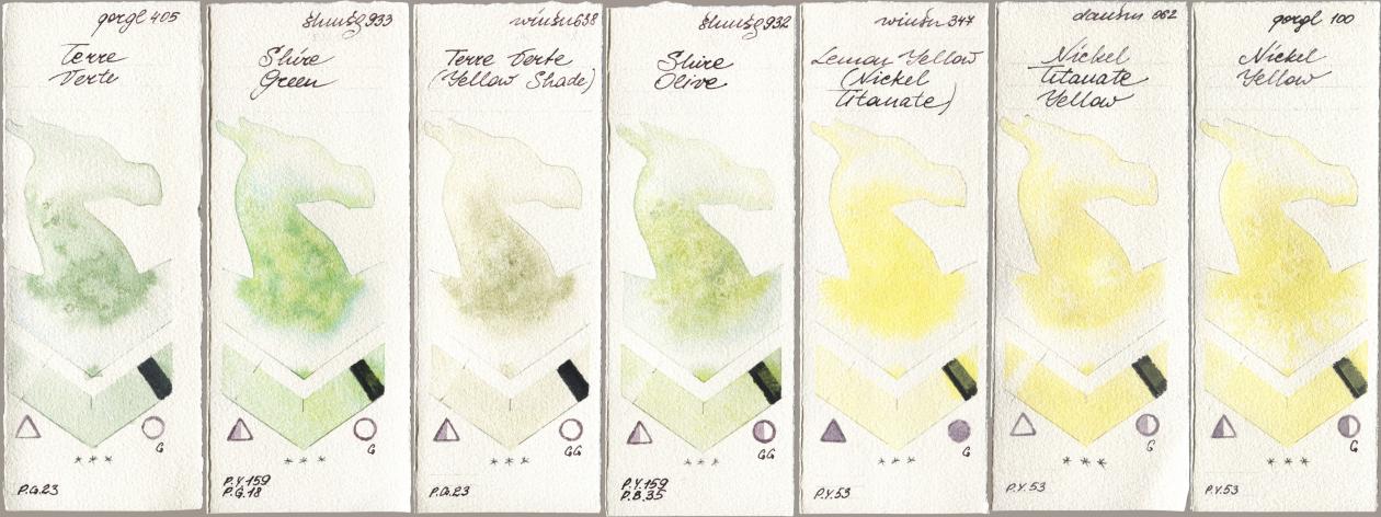Golden QOR 405 Terre Verte, Shminke Horadam Aquarell 933 Shire Green, Winsor & Newton Professional 638 Terre Verte (Yellow Shade), 932 Shire Olive, 347 Lemon Yellow (Nickel Titanate), Daniel Smith 062 Nickel Titanate Yellow, 100 Nickel Yell watercolor swatch