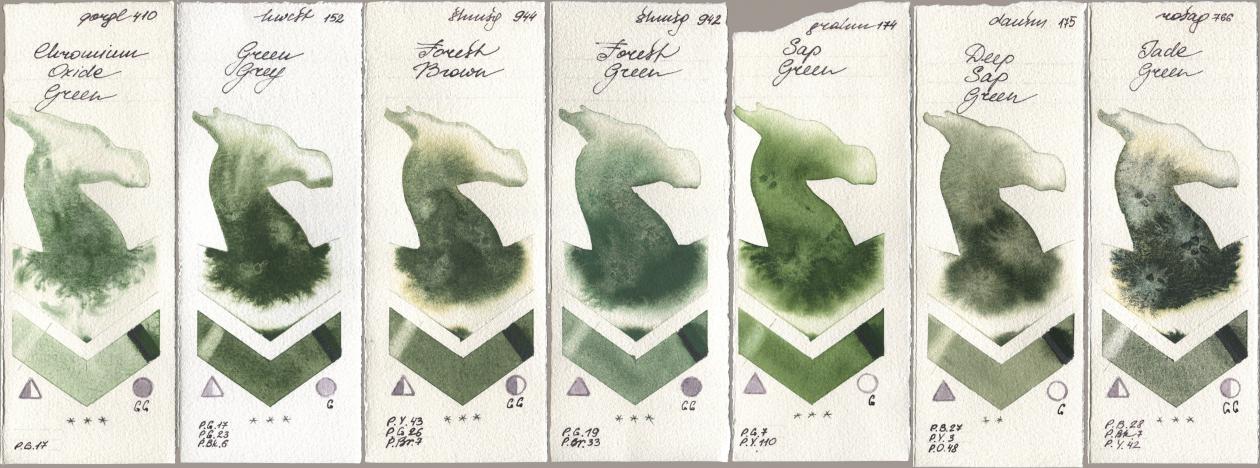 Golden QOR 410 Chromium Oxide Green, Holbein Artists Watercolor 152 Green Grey, Shminke Horadam Aquarell 944 Forest Brown, 942 Forest Green, M. Graham & Co. Artists 174 Sap Green, Daniel Smith 175 Deep Sap Green, Rosa Gallery 766 Jade Gre watercolor swatch