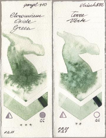 Golden QOR 410 Chromium Oxide Green, Shinhan PWC 592 Terre Ver watercolor swatch
