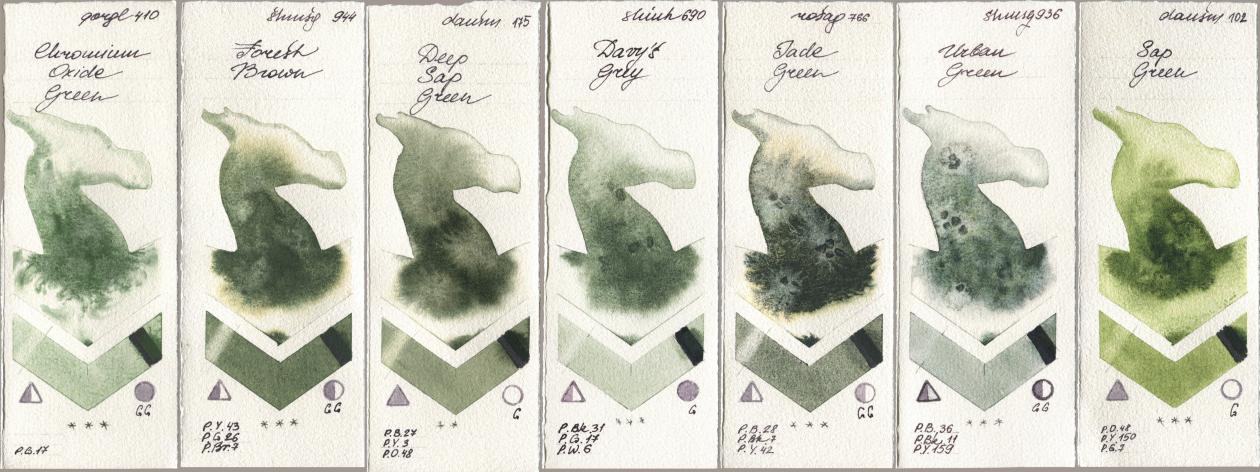 Golden QOR 410 Chromium Oxide Green, Shminke Horadam Aquarell 944 Forest Brown, Daniel Smith 175 Deep Sap Green, Shinhan PWC 690 Davys Grey, Rosa Gallery 766 Jade Green, 936 Urban Green, 102 Sap Gre watercolor swatch