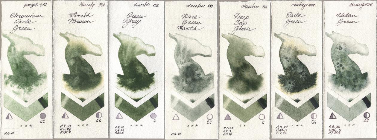 Golden QOR 410 Chromium Oxide Green, Shminke Horadam Aquarell 944 Forest Brown, Holbein Artists Watercolor 152 Green Grey, Daniel Smith 181 Rare Green Earth, 175 Deep Sap Green, Rosa Gallery 766 Jade Green, 936 Urban Gre watercolor swatch