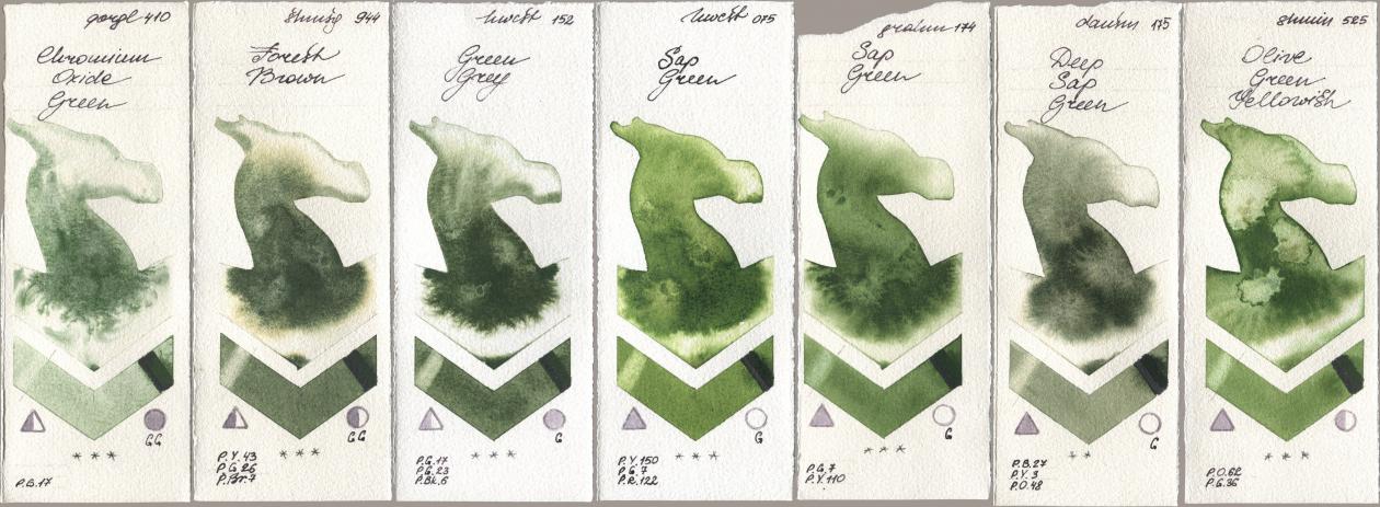 Golden QOR 410 Chromium Oxide Green, Shminke Horadam Aquarell 944 Forest Brown, Holbein Artists Watercolor 152 Green Grey, 075 Sap Green, M. Graham & Co. Artists 174 Sap Green, Daniel Smith 175 Deep Sap Green, 525 Olive Green Yellowi watercolor swatch