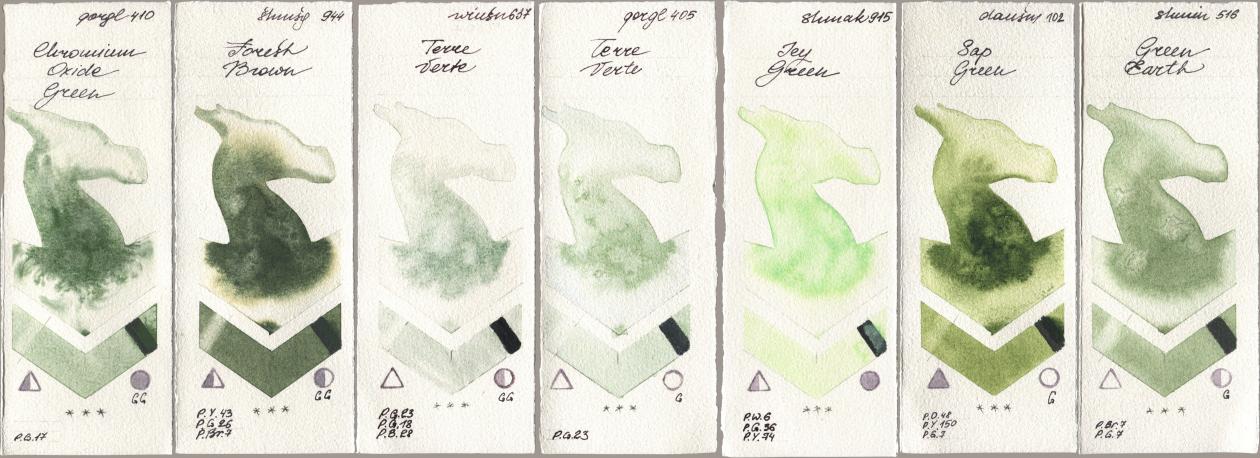 Golden QOR 410 Chromium Oxide Green, Shminke Horadam Aquarell 944 Forest Brown, Winsor & Newton Professional 637 Terre Verte, 405 Terre Verte, Shminke Akademie Aquarell 915 Icy Green, Daniel Smith 102 Sap Green, 516 Green Ear watercolor swatch
