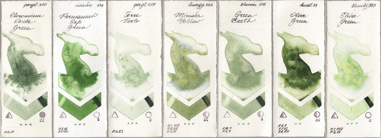 Golden QOR 410 Chromium Oxide Green, Winsor & Newton Professional 503 Permanent Sap Green, 405 Terre Verte, Holbein Artists Watercolor 522 Mimosa Yellow, Shminke Horadam Aquarell 516 Green Earth, Kuretake Gansai Tambi 054 Olive Green, 933 Shire Gre watercolor swatch