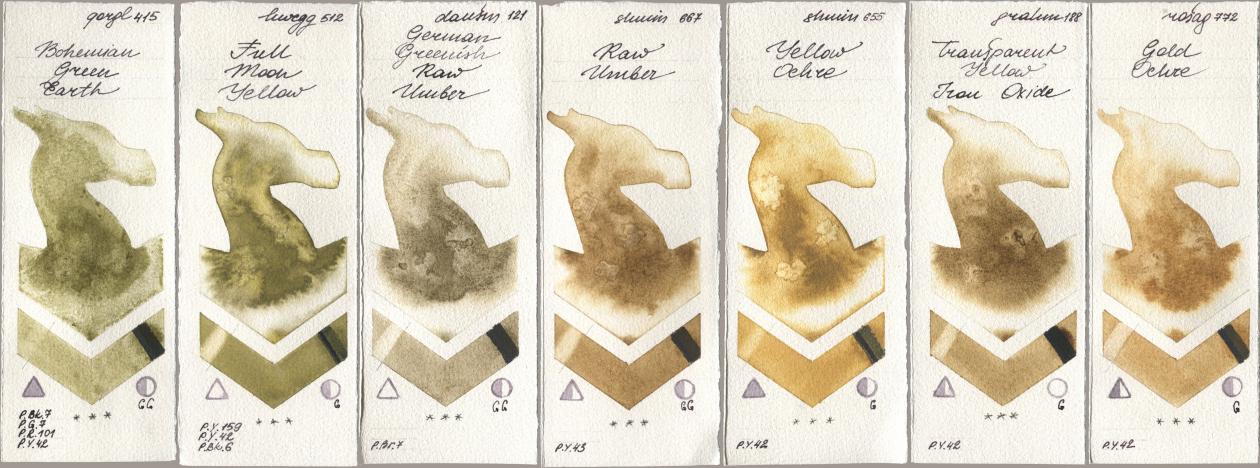 Golden QOR 415 Bohemian Green Earth, Holbein Artists Watercolor 512 Full Moon Yellow, Daniel Smith 121 German Greenish Raw Umber, Shminke Horadam Aquarell 667 Raw Umber, 655 Yellow Ochre, M. Graham & Co. Artists 188 Transparent Yellow Iron Oxide, Rosa Gallery 772 Gold Och watercolor swatch
