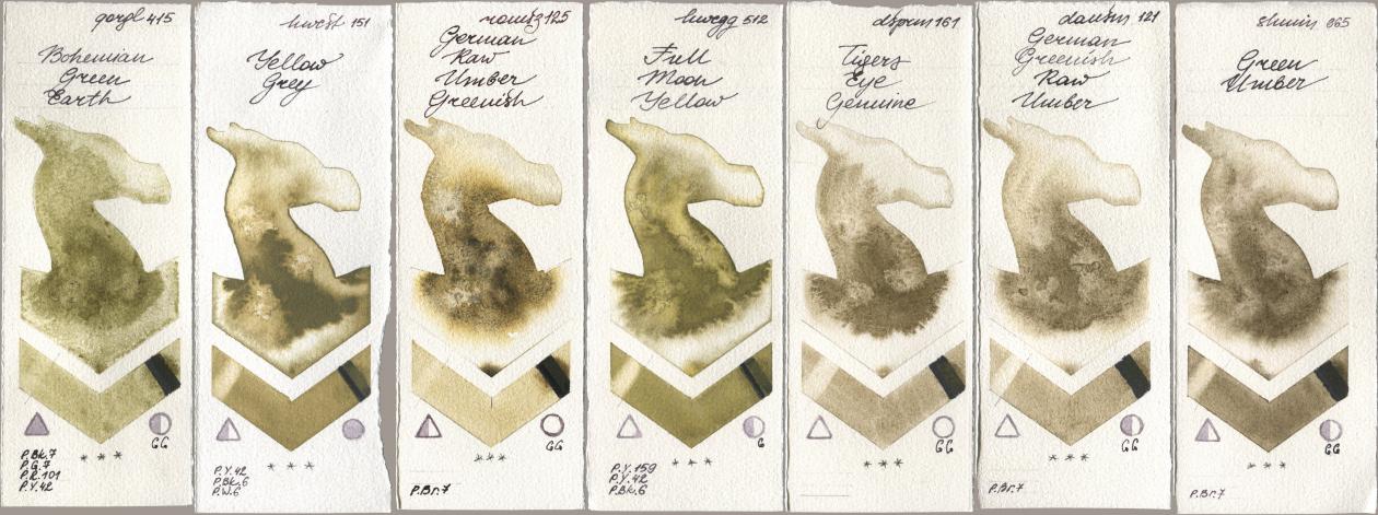 Golden QOR 415 Bohemian Green Earth, Holbein Artists Watercolor 151 Yellow Grey, Roman Szmal Aquarius 125 German Raw Umber Greenish, 512 Full Moon Yellow, Daniel Smith 161 Tigers Eye Genuine, 121 German Greenish Raw Umber, Shminke Horadam Aquarell 665 Green Umb watercolor swatch