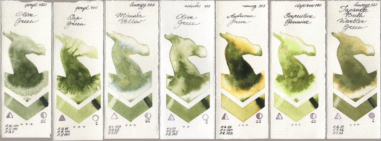 Golden QOR 420 Olive Green, 400 Sap Green, Holbein Artists Watercolor 522 Mimosa Yellow, Winsor & Newton Professional 447 Olive Green, Roman Szmal Aquarius 363 Autumn Green, Daniel Smith 190 Serpentine Genuine, 521 Japanese Bush Warbler Gre watercolor swatch