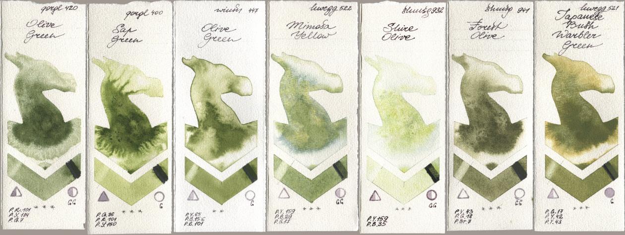 Golden QOR 420 Olive Green, 400 Sap Green, Winsor & Newton Professional 447 Olive Green, Holbein Artists Watercolor 522 Mimosa Yellow, Shminke Horadam Aquarell 932 Shire Olive, 941 Forest Olive, 521 Japanese Bush Warbler Gre watercolor swatch