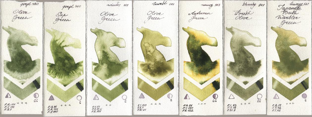 Golden QOR 420 Olive Green, 400 Sap Green, Winsor & Newton Professional 447 Olive Green, Holbein Artists Watercolor 074 Olive Green, Roman Szmal Aquarius 363 Autumn Green, Shminke Horadam Aquarell 941 Forest Olive, 521 Japanese Bush Warbler Gre watercolor swatch