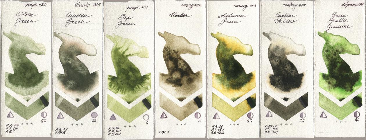 Golden QOR 420 Olive Green, Shminke Horadam Aquarell 985 Tundra Green, 400 Sap Green, Rosa Gallery 722 Umber, Roman Szmal Aquarius 363 Autumn Green, 788 Carbon Yellow, Daniel Smith 197 Green Apatite Genui watercolor swatch