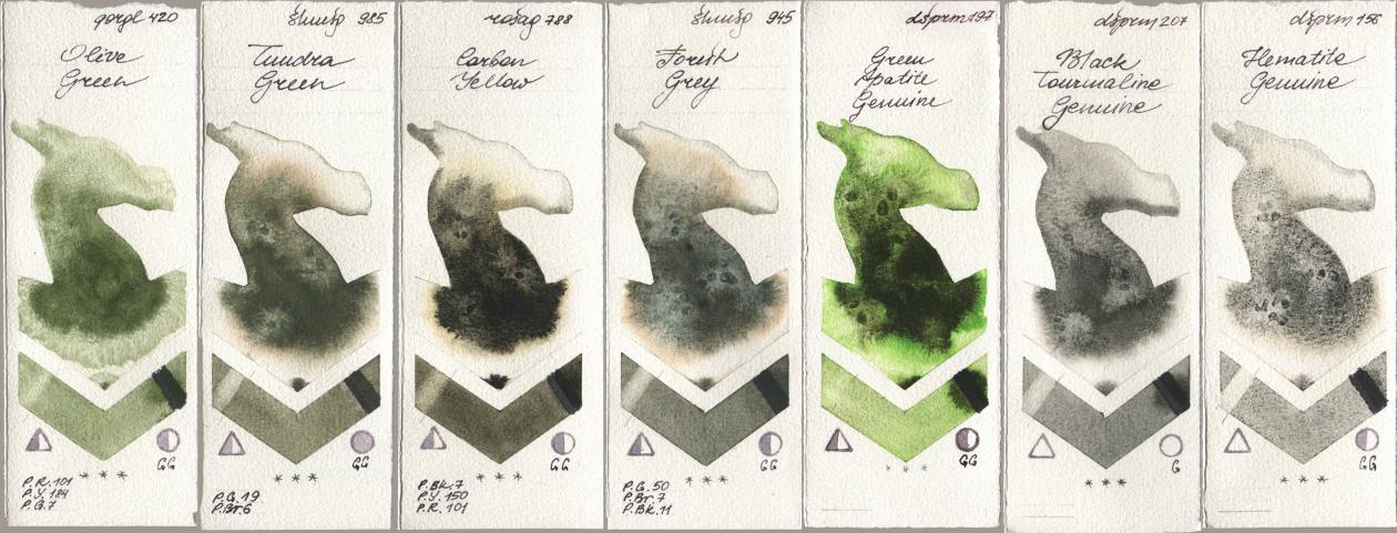 Golden QOR 420 Olive Green, Shminke Horadam Aquarell 985 Tundra Green, Rosa Gallery 788 Carbon Yellow, 945 Forest Grey, Daniel Smith 197 Green Apatite Genuine, 207 Black Tourmaline Genuine, 156 Hematite Genui watercolor swatch