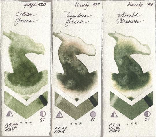 Golden QOR 420 Olive Green, Shminke Horadam Aquarell 985 Tundra Green, 944 Forest Bro watercolor swatch