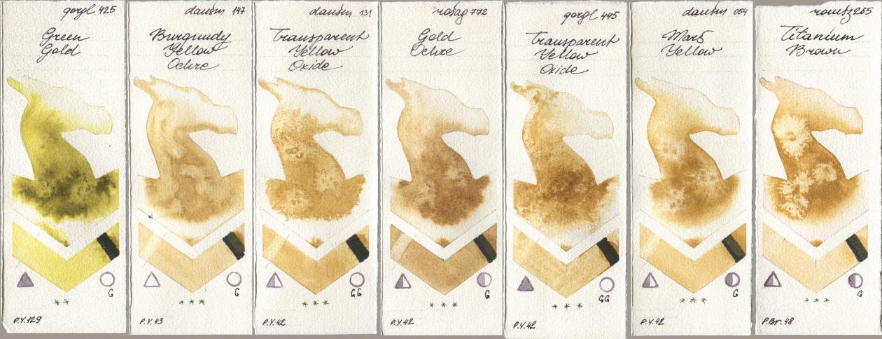 Golden QOR 425 Green Gold, Daniel Smith 147 Burgundy Yellow Ochre, 131 Transparent Yellow Oxide, Rosa Gallery 772 Gold Ochre, 445 Transparent Yellow Oxide, 054 Mars Yellow, Roman Szmal Aquarius 265 Titanium Bro watercolor swatch