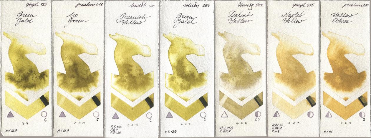 Golden QOR 425 Green Gold, M. Graham & Co. Artists 016 Azo Green, Holbein Artists Watercolor 046 Greenish Yellow, Winsor & Newton Professional 294 Green Gold, Shminke Horadam Aquarell 921 Desert Yellow, 435 Naples Yellow, 200 Yellow Och watercolor swatch