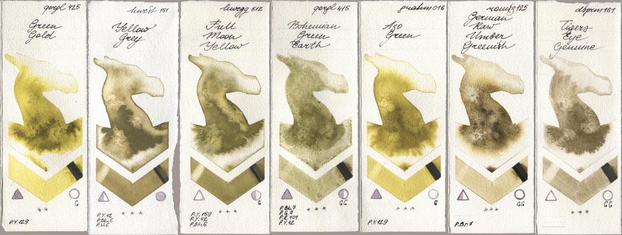 Golden QOR 425 Green Gold, Holbein Artists Watercolor 151 Yellow Grey, 512 Full Moon Yellow, 415 Bohemian Green Earth, M. Graham & Co. Artists 016 Azo Green, Roman Szmal Aquarius 125 German Raw Umber Greenish, Daniel Smith 161 Tigers Eye Genui watercolor swatch