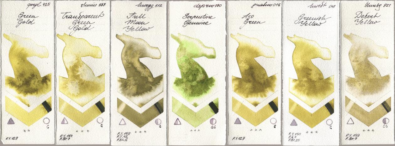 Golden QOR 425 Green Gold, Shminke Horadam Aquarell 537 Transparent Green Gold, Holbein Artists Watercolor 512 Full Moon Yellow, Daniel Smith 190 Serpentine Genuine, M. Graham & Co. Artists 016 Azo Green, 046 Greenish Yellow, 921 Desert Yell watercolor swatch